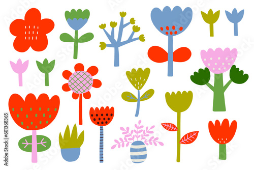 Set of colorful plants in childish hand drawn style. Summer jungle decoration and exotic tropical plants on isolated white background.