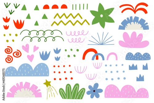 Colorful shape doodle collection. Funny basic shapes, random childish doodle cutouts hand and decorative abstract art on isolated background.