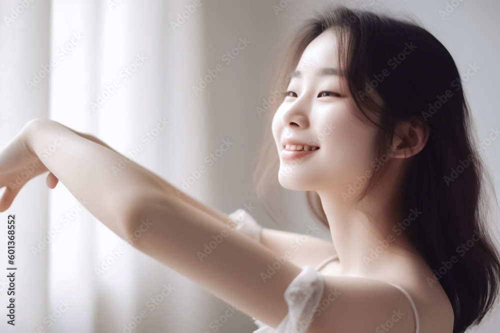 A serene Japanese woman with flowing hair and smooth skin basks in the light of a sun-drenched room, exuding an air of calm and relaxation. generative AI. A serene Japanese woman with flowing hair and smooth skin basks in the light of a sun-drenched room, exuding an air of calm and relaxation. generative AI.