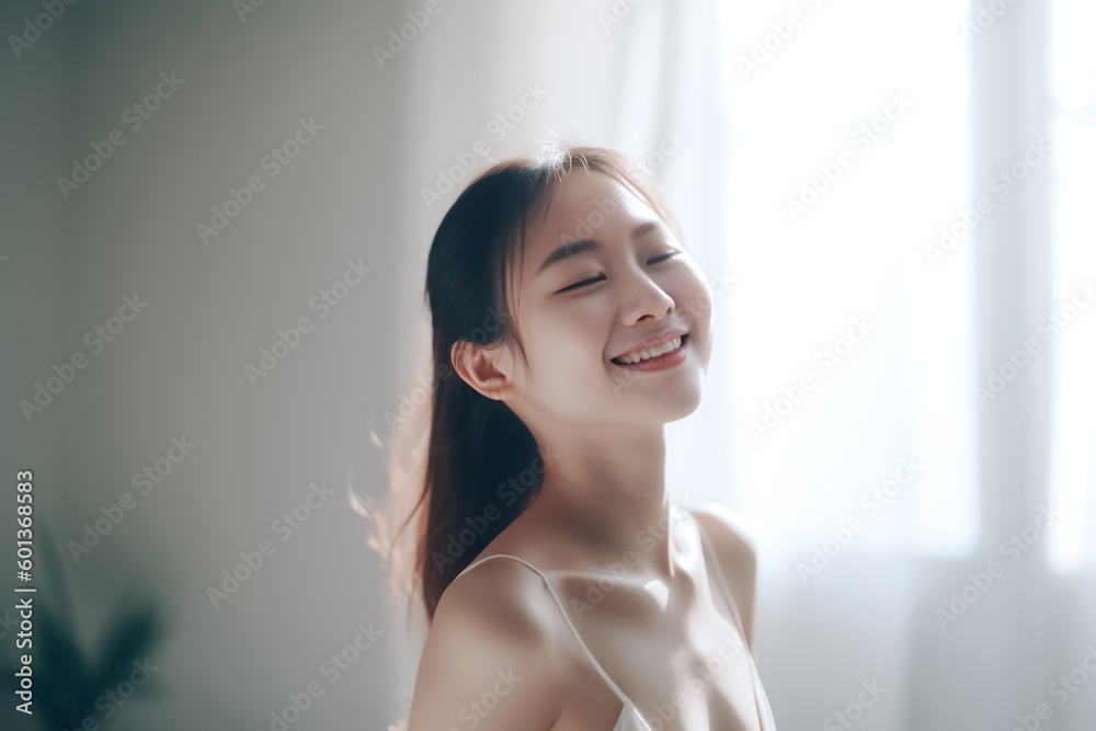 A serene Japanese woman with flowing hair and smooth skin basks in the light of a sun-drenched room, exuding an air of calm and relaxation. generative AI. A serene Japanese woman with flowing hair and smooth skin basks in the light of a sun-drenched room, exuding an air of calm and relaxation. generative AI.