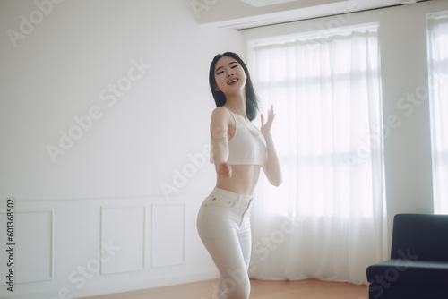 A serene Japanese woman with flowing hair and smooth skin basks in the light of a sun-drenched room  exuding an air of calm and relaxation. generative AI.
