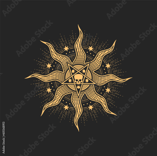 Sun, pentagram, human skull and stars esoteric occult sign. Vector round symbol for magic tarot cards, witchcraft or alchemy. Spiritual geometry emblem, isolated wicca or pagan sacred amulet, insignia