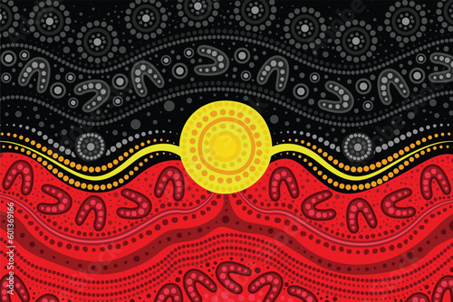 Aboriginal flag colors in a dot painting of aboriginal tradition