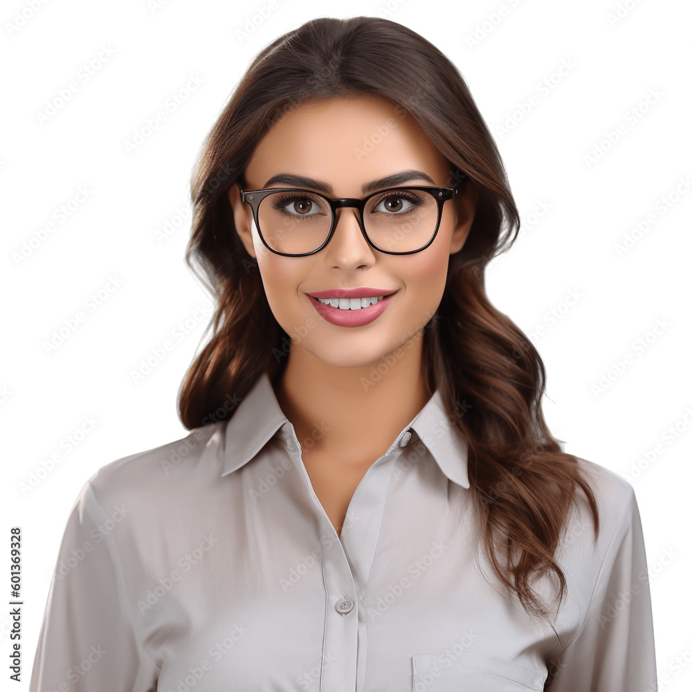 Portrait of an attractive, young, brunette woman wearing eyeglasses and shirt. Isolated on transparent background, no background.