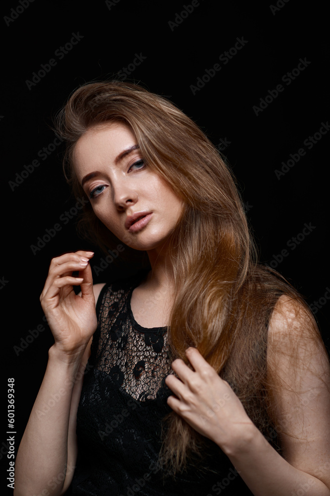gorgeous brunette woman with long hair in black dress gorgeous brunette woman with long hair in black dress