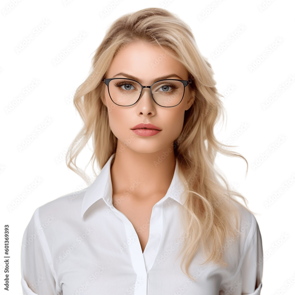 Portrait of an attractive, young, blond woman wearing eyeglasses and shirt. Isolated on transparent background, no background. Portrait of an attractive, young, blond woman wearing eyeglasses and shirt. Isolated on transparent background, no background.