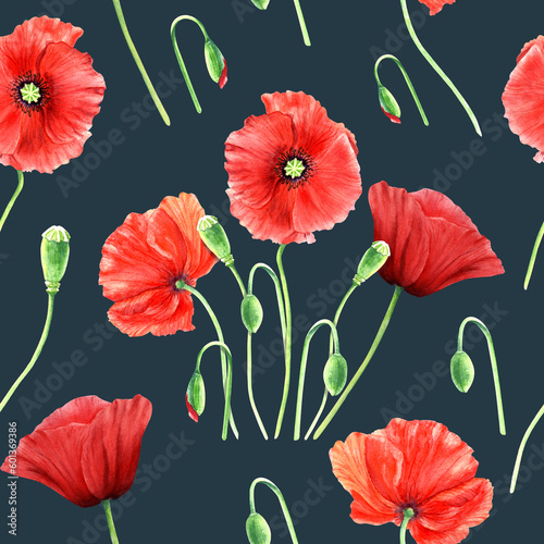 Seamlesss pattern with red colorful wild poppies. Hand drawn watercolor illustration for decor textile fabric wrapping.