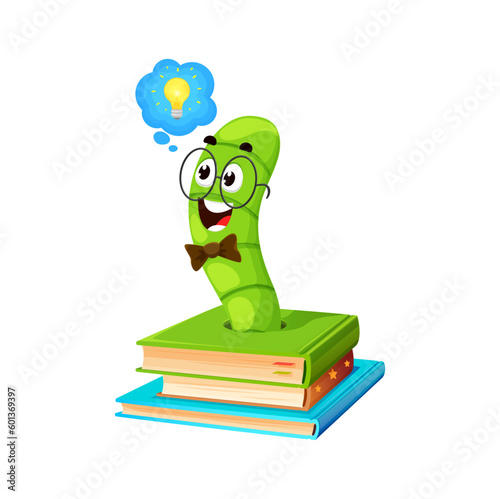 Cartoon bookworm character, book worm animal. Isolated vector cute green earthworm personage with light bulb in though cloud sticking up from pile of book and having great idea or insight