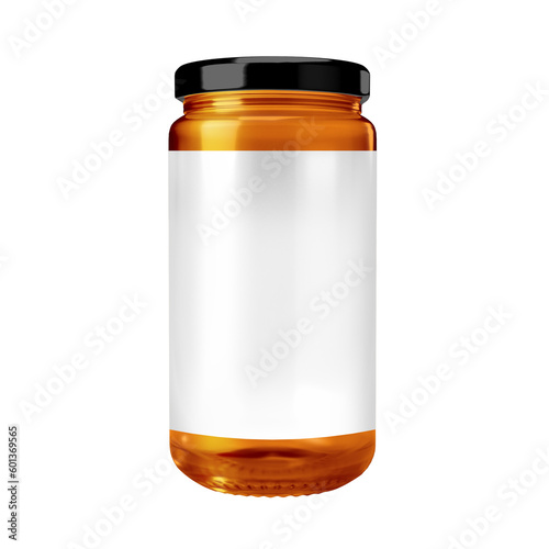 Orange jam jar with label and black lid transparent