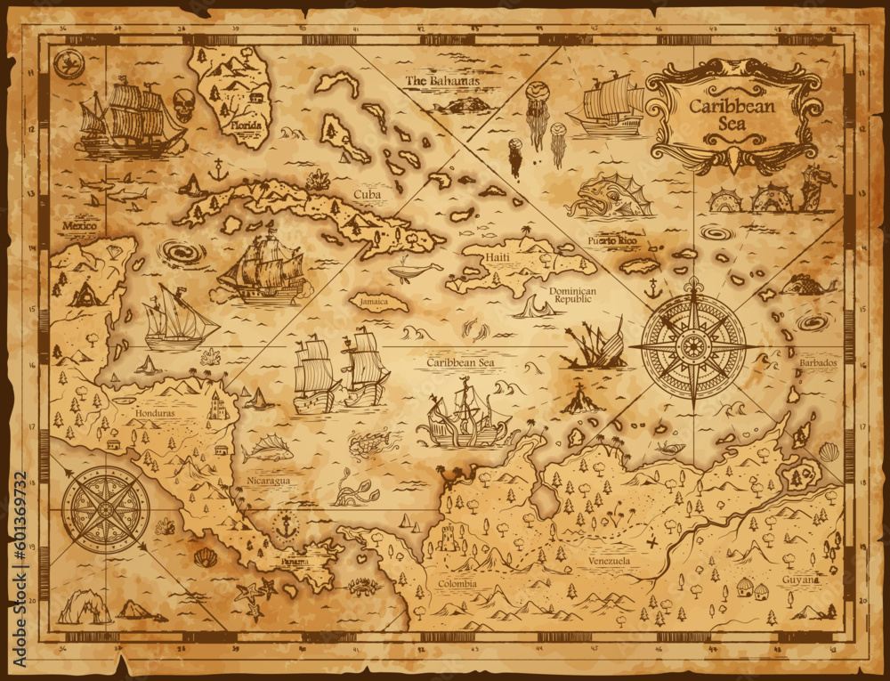 Old vintage map of caribbean sea. Vector worn parchment with ships, islands and land, wind rose and cardinal points. Fantasy world, vintage grunge paper, pirate map with travel locations and monsters - obrazy, fototapety, plakaty 