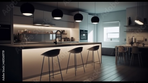 Modern minimalist kitchen in black and white with loft-style elements  spectacular lighting  counter and bar stools. Generative AI