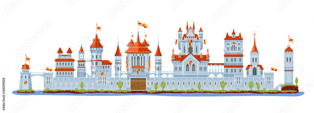Knight stone castle and fortress. Gate, tower and turret, bridge, fort, wall and palace. Cartoon vector medieval building exterior, isolated architecture facade with wooden closed door and red flags