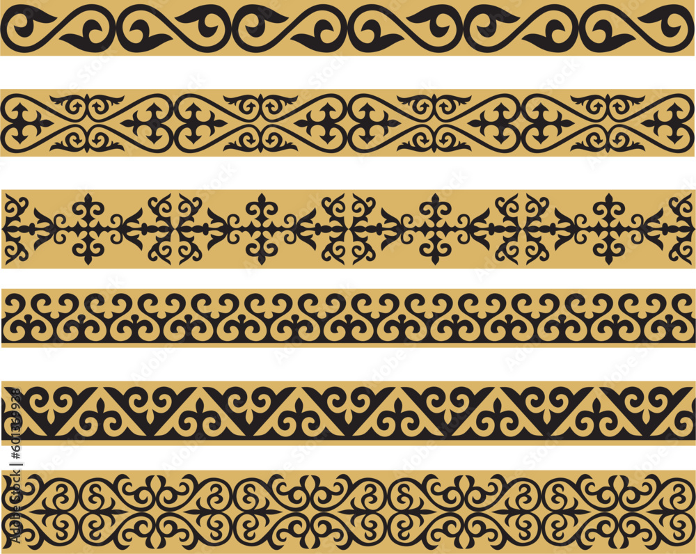 Set of vector gold and black seamless Kazakh national ornament. Ethnic pattern of the nomadic peoples of the great steppe, the Turks. Border, frame Mongols, Kyrgyz, Buryats, Kalmyks.. Set of vector gold and black seamless Kazakh national ornament. Ethnic pattern of the nomadic peoples of the great steppe, the Turks. Border, frame Mongols, Kyrgyz, Buryats, Kalmyks..
