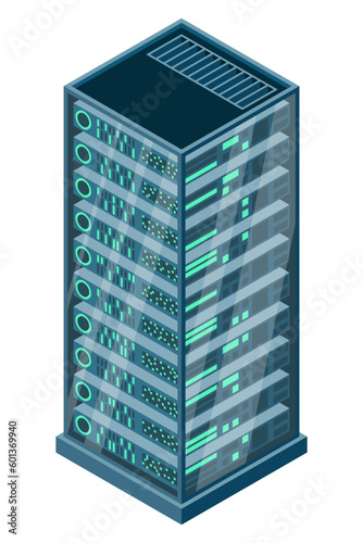 Isometric server. Network server room. 3D computer equipment. Storage database. Isometric technology. Vector illustration