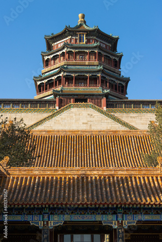 Chinese traditional buildings at Beijing summer palace. Translation of text on the plaque 