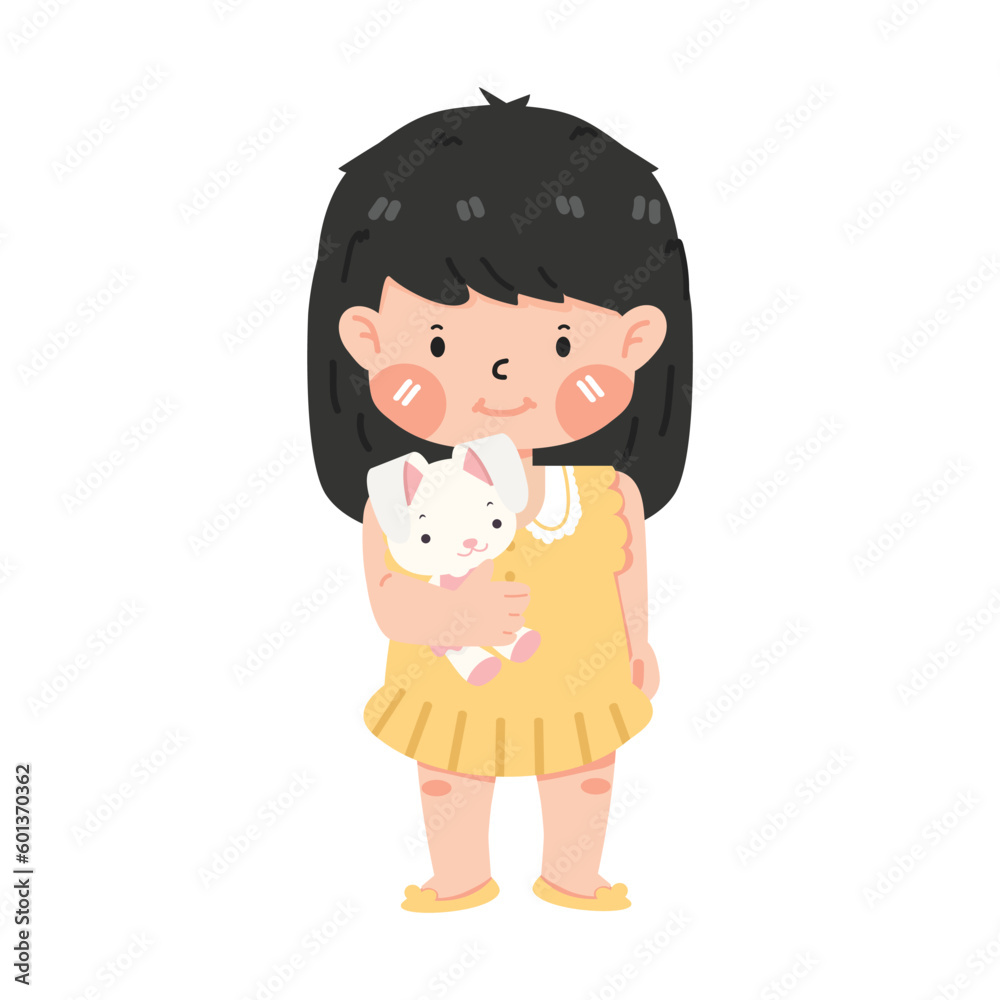 Cute Child Girl Holding A Rabbit Doll