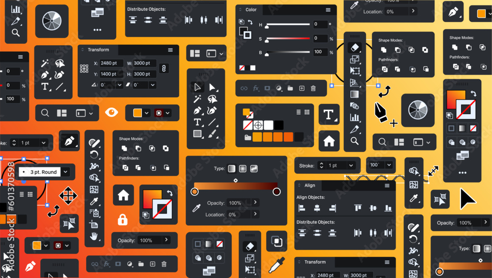 Background of vector processing tools. Tool Blocks. Graphic editor. Designer UX UI bg. Set of icon panels and tools for designers. Set of design theme items. Buttons and icons. Toolbar - obrazy, fototapety, plakaty 