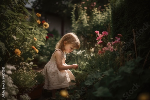 Mesmerizing Green Nature Scene with a Girl Child in a Floral Garden - Generative AI Illustration