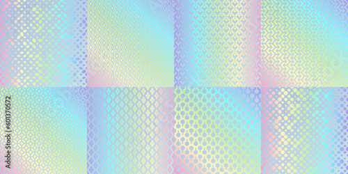 Hologram texture patterns, rainbow foil with gradient glitter, vector holograph backgrounds. Holographic patterns of metal foil iridescent mesh and color blend gradation with hologram patterns
