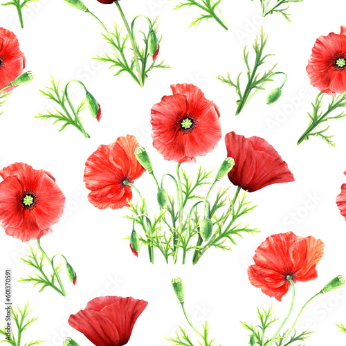 Seamlesss pattern with red wild poppies. Watercolor illustration isolated on white for textile, fabric, wrapping.