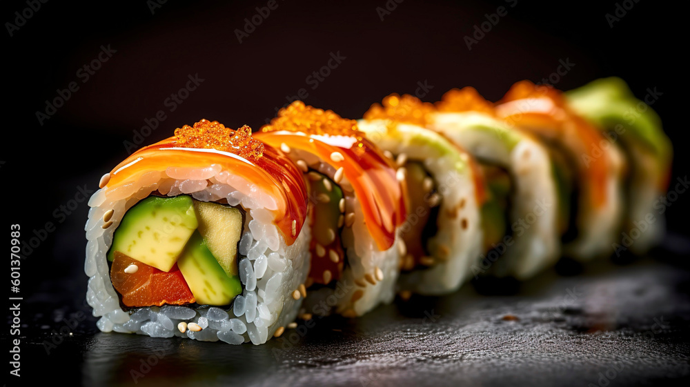 Sushi roll with vibrant ingredients such as avocado, salmon, and cucumber, drizzled with soy sauce. Sushi roll with vibrant ingredients such as avocado, salmon, and cucumber, drizzled with soy sauce.