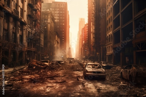 A burned city street with no life generative ai apocalyptic scene of a burned city street after world apocalyptic war