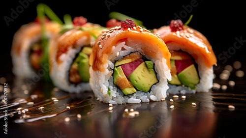 Sushi roll with vibrant ingredients such as avocado, salmon, and cucumber, drizzled with soy sauce.