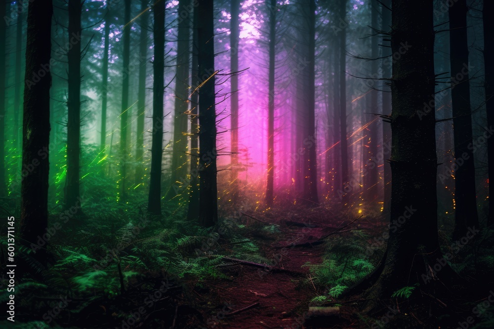 Fototapeta premium Majestic Forest with Neon Vibes - Generative AI Illustration