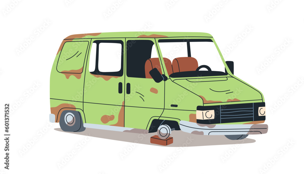Broken rusted abandoned van. Aged car junk. Damaged rusty decrepit auto truck in bad condition. Dirty crushed ruined automobile rotting. Flat vector illustration isolated on white background Broken rusted abandoned van. Aged car junk. Damaged rusty decrepit auto truck in bad condition. Dirty crushed ruined automobile rotting. Flat vector illustration isolated on white background