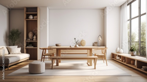 Bright, airy living room with white walls, wooden floors and Scandinavian minimalist furniture. Wooden dining table with chairs, soft sofa for relaxation. Generative AI © Georgii