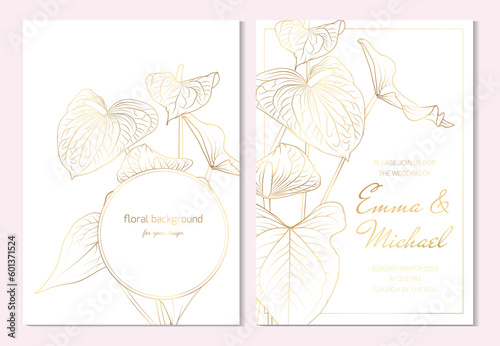 Wedding marriage event invitation card template. Anthurium, flamingo flowers tropical card. Detailed outline drawing. Luxury bright shiny golden.