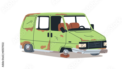 Broken rusted abandoned van. Aged car junk. Damaged rusty decrepit auto truck in bad condition. Dirty crushed ruined automobile rotting. Flat vector illustration isolated on white background