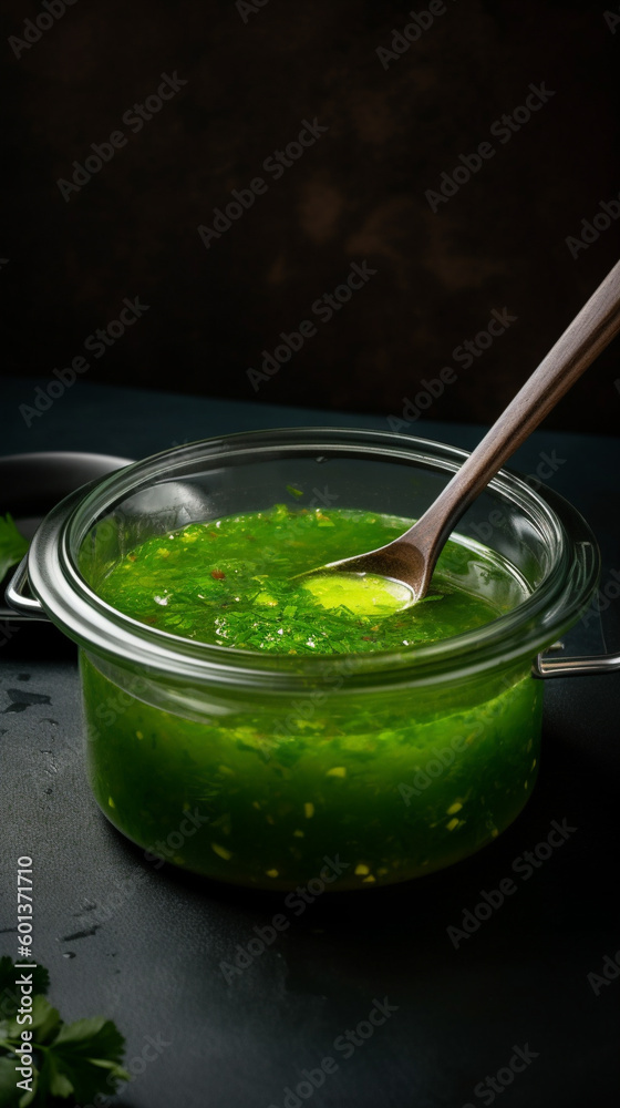 salsa green sauce in a transparent gravy boat, generativ ai salsa green sauce in a transparent gravy boat, generativ ai