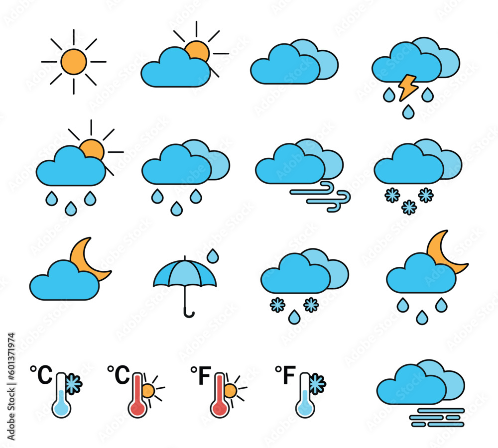 Obraz premium Set of flat colored weather icons. Weather forecast. Vector icons.