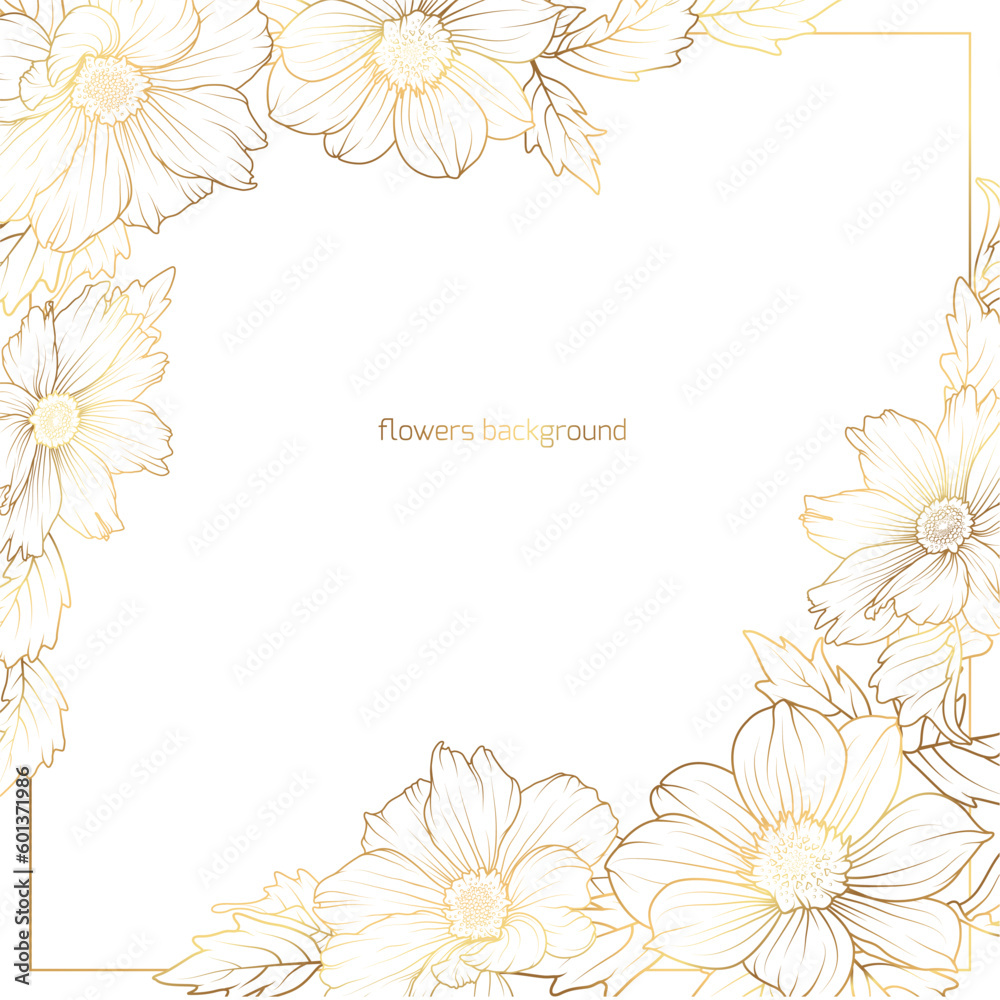 Wedding marriage event floral invitation card template. Detailed outline garden dahlia, daisy, cosmos flowers frame. Luxury bright shiny golden.