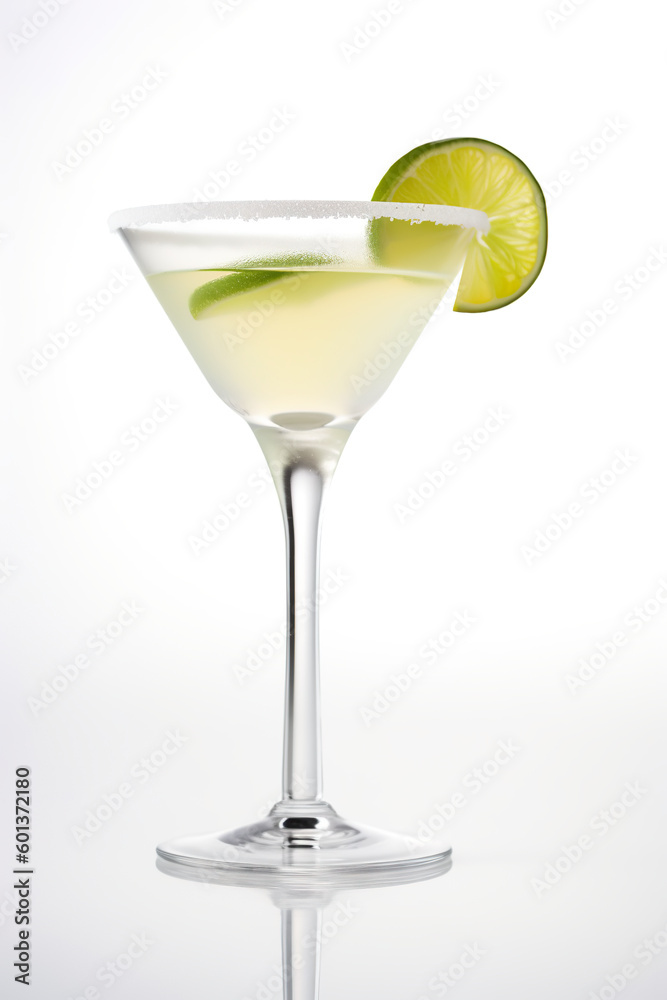 Margarita cocktail with a slice of lime on the rim on white background. AI generative tasty coctail or mocktail