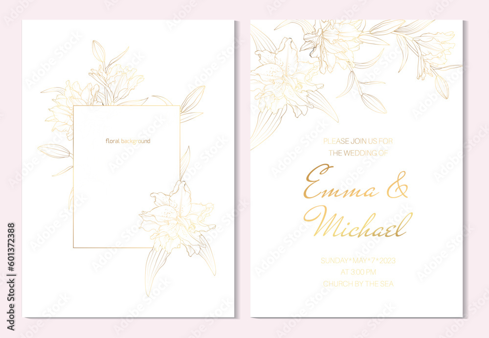 Wedding marriage event invitation card template. Lily, amaryllis, hippeastrum lilly garden flowers. Detailed outline drawing. Luxury bright shiny golden. - obrazy, fototapety, plakaty 