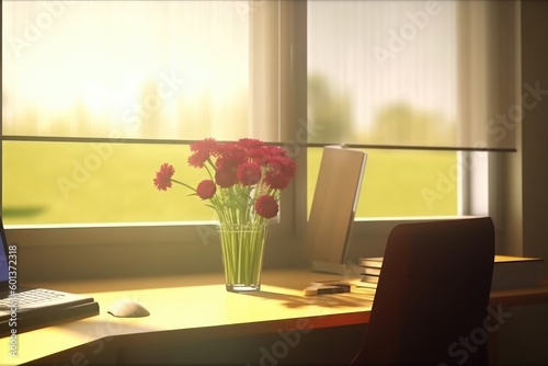 Bright Empty desk with Green Plant - Generative AI Illustration