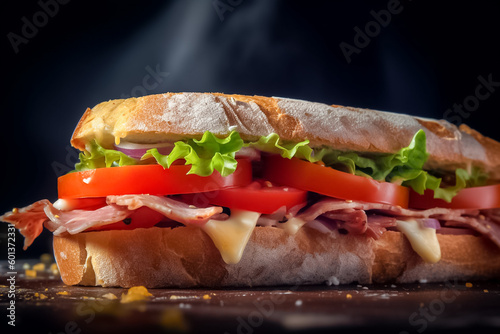 A delicious sandwich sits in a bright studio light, showcasing its tempting layers of ham, cheese, veggies, and spreads.