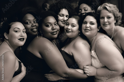 Diverse group of curvy, plus size, active, big, chubby woman standing next to each other. Generative AI illustration, plus size beauty campaign or group photo, black white