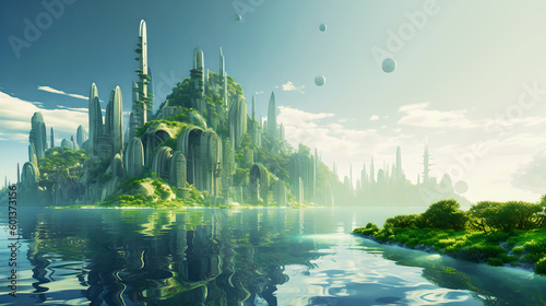 Green Utopia Futuristic Metropolis. Fantasy city illustration. Save the Earth concept. AI Generated Generative AI © Philippova