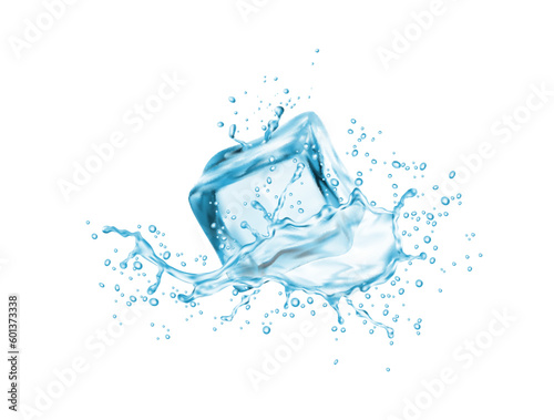 Ice cube surrounded by water splash, captured mid-motion. Isolated 3d vector crystal block and droplets create an engaging contrast, while the splash adds an element of action and dynamism to image