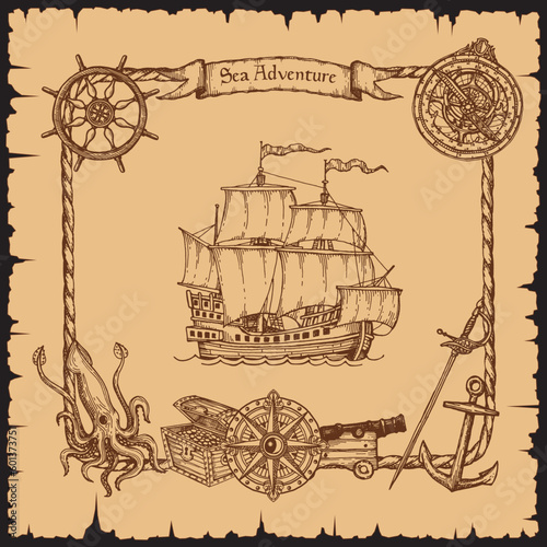 Fototapete Vintage pirate vessel ship with rope frame, sketch