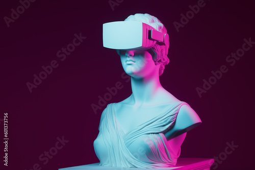 Female antique sculpture with VR headset. AI generated image.