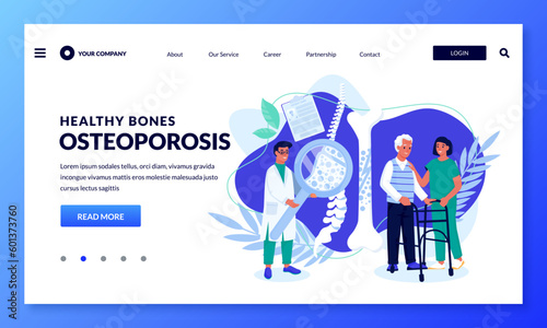 Osteoporosis symptoms concept. Nurse helps to elderly male patient. Doctor diagnostics spine bones. Vector illustration