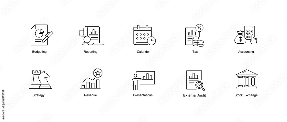 Financial Reporting and Budgeting Icons. Fiscal Year Vector Icons. Editable Stroke. Financial Reporting and Budgeting Icons. Fiscal Year Vector Icons. Editable Stroke.