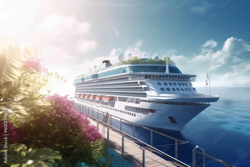 A luxurious white ocean cruise ship is moored at the pier on a tropical paradise island surrounded by greenery and flowers. Generative AI