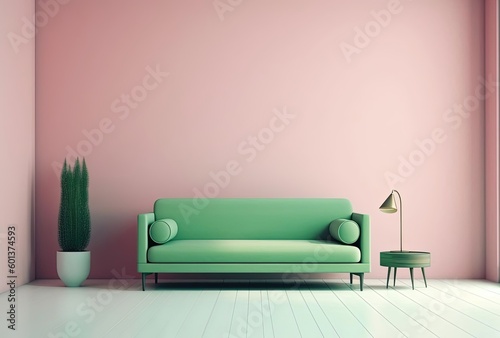 empty room with green couch 3d illustration  generative ai