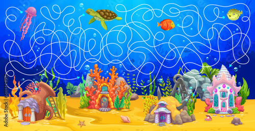 Labyrinth maze game. Cartoon underwater landscape and sea house buildings. Search path child puzzle, find way vector worksheet or kids maze riddle with funny jellyfish, turtle, fish and fantasy houses