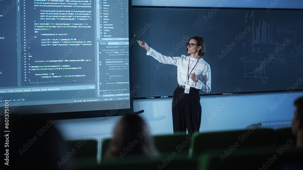Portrait of a Young University Professor Explaining the Importance of Artificial Intelligence to a Group of Diverse Students. Female Teacher Showing Big Data Ecosystem on a Big Screen - obrazy, fototapety, plakaty 